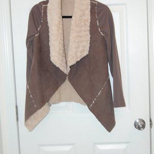 Favluv Fashion Women's Beige W/ Shearling Like Collar & Lining Open Coat Size S